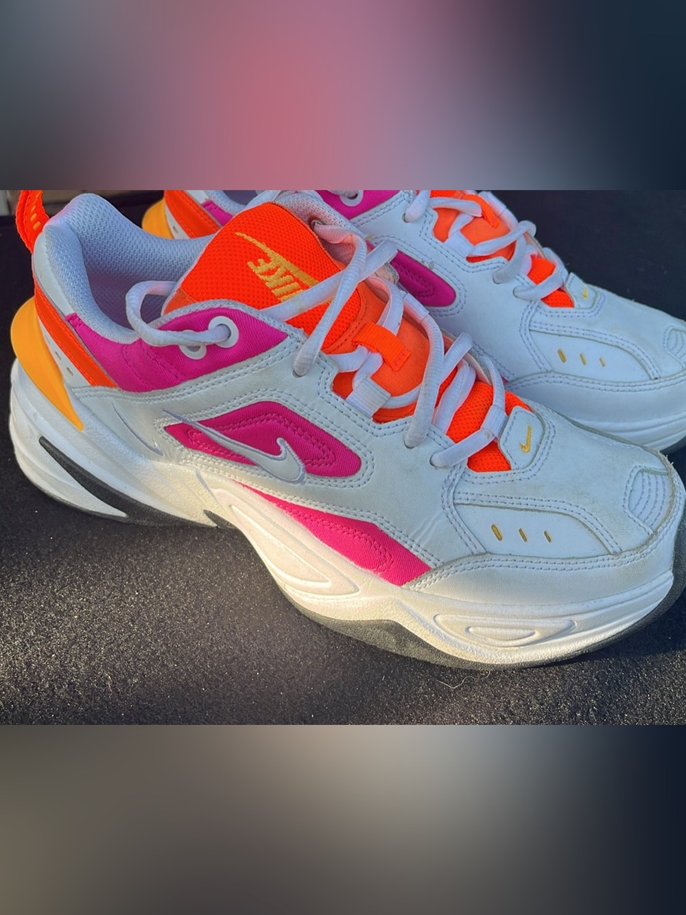 Nike M2K Tekno Sneakers
 White Sneakers with Neon Orange and Hot Pink Accents
